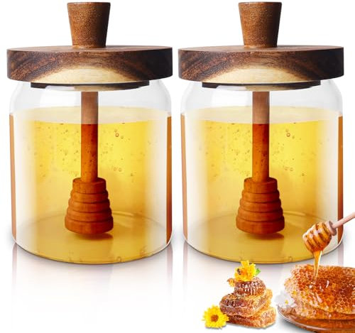 WIYETY Honigspender: 2 Stück, Transparent, Weithals-Honigglas Mit Deckel Und Löffel, Versiegelter Glasbehälter Für Honig, Sirup Und Küchen Vorratsglas (500ml)