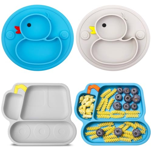 Qshare Baby Teller,4 Stück Rutschfest Kinder Tischset mit Saugnäpfen,Geteilte Standfeste Babyteller Kleinkind Teller,BPA-Frei - Spülmaschinen und Mikrowellen Fest Kinderteller (Style 1)