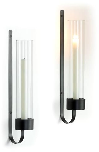 Sziqiqi Black Wall Candle Holders: Metal Candle Sconces for Taper Set of 2 Modern Wall Mounted Candlestick Holder with Glass Hurricane for Living Dining Room Bedroom Bathroom Outdoor