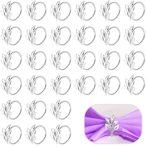 Oungy 30 Stück Blatt Serviettenringe Silber, Metall Serviettenringe Set 35mm, Elegante Serviettenringen Ostern, Servietten Ringe für Partys, Bankette und Abendessen(1,4in)