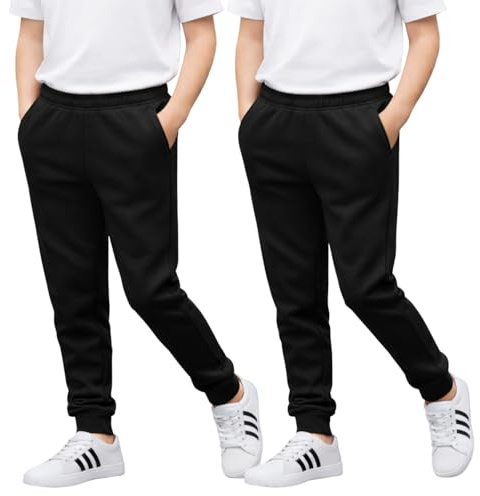 Joggers for Boys & Girls – Jogging Bottoms with Elastic Waistband & Cuffed Ankle, PE & School Trousers for Kids – Comfortable & Breathable Unisex Tracksuit Sweatpants – Black, 2 Pack (5-6 Years)
