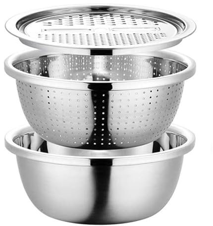 Multifunktionales Edelstahlbecken | 3-teiliges Seiher-Sieb-Set | Multifunktions-Küchenreibe | Edelstahl Schüsselset Zum Käsereiben, Gemüseschneider Und Obstwaschen | Küchenwerkzeuge