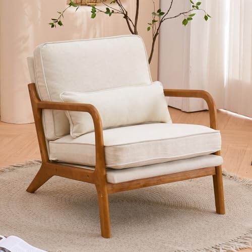 Bonnlo Accent Chair, Soild Wood Padding Lounge Armchairs, Occasional Reading Chair with Cushions and Lumbar Pillow, Armchairs for Living Room, Bedroom, Guest Room, Fabric, Beige