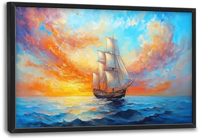 Large Sailboat Framed Canvas Wall Art for Living Room Bedroom Ship Nautical Pictures Decor Nature Seascape Blue Yellow Sunrise Sunset Painting Prints Artwork Home Office Decoration 36x24
