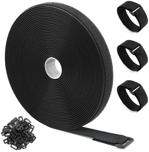 ZSURLUX 2,5 cm x 10 m kraftiga remmar med 50 spännen, skär-till-längd krok och slingremsor, justerbara långa kabelband för hem- och kontorsförvaring, svart