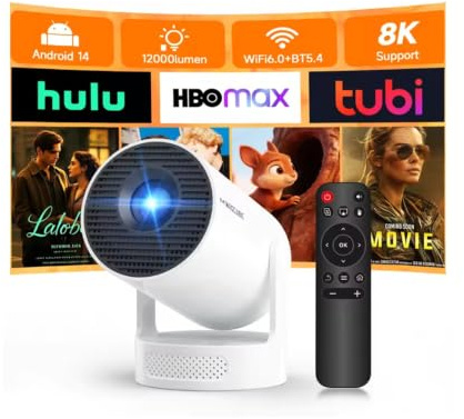 Proiettore HY300 Pro+ con altoparlante integrato da 5 W, 1920 x 1080p, Android 14, 8000 lumen, WiFi 6, BT5.4, portatile, per esterni (HY300 Pro New-White)