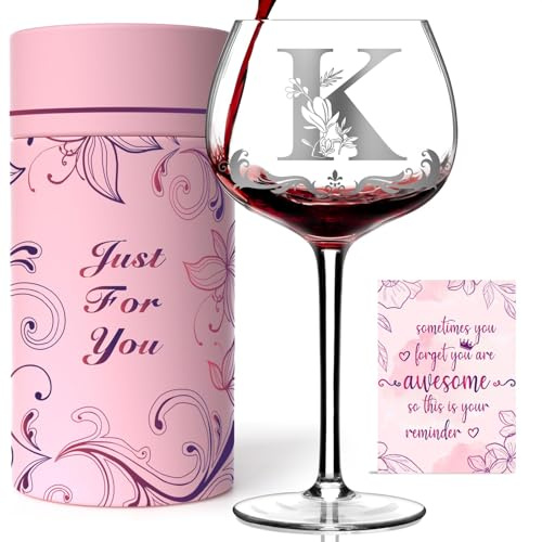 Personalised Wine Glasses for Women - Engraved Original Birthday or Christmas Gift for Mum, Wife, Sister, Daughter or Girlfriend (Letter K)