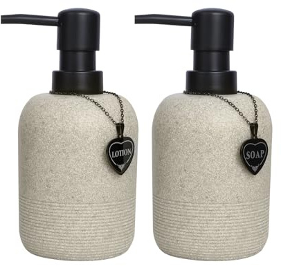 NQPEN Hand and Dish Soap Dispenser Set for Bathroom and Kitchen, 2PCS Resin Bottles with Black Heart Necklace, Easy Press Lotion Pump, Creative Sand Design, Eco-Friendly for Soap and Lotion