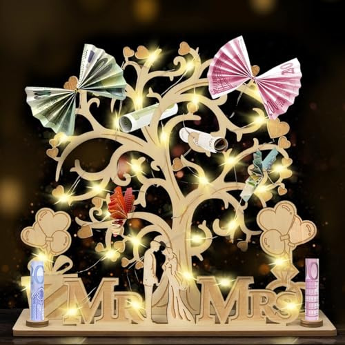 Zhihuistar Personalisierte Hochzeitsgeschenke für Brautpaar, LED Geld Geschenk Hochzeit, Geldbaum Geldgeschenke für Brautpaar, Hochzeitsgeschenk Geld, Holz Mr & Mrs Geld Geschenk