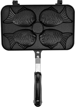 Fyearfly Taiyaki Poêle à frire antiadhésive double face avec 4 grilles et poignée noire