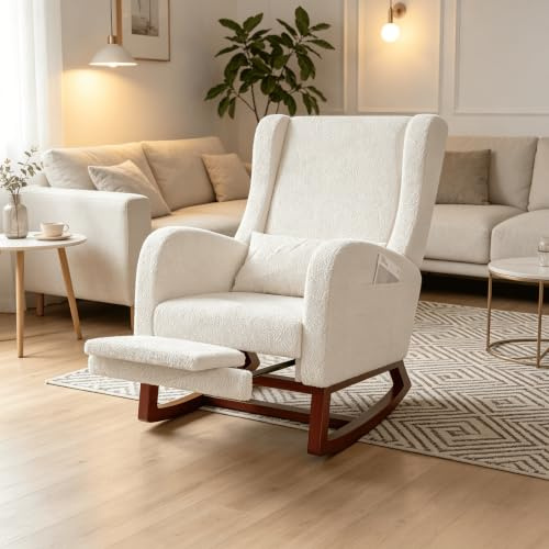 Gungstol, med armstöd och sidofickor, ergonomisk amningsstol med kuddar, massiv trästruktur, loungestol för vardagsrum eller sovrum (off-white + Teddy sammet)