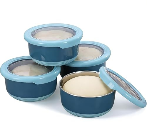Punorric 4 Pack Small Pizza Dough Proofing Box, 420ml Stainless Steel Bread Proofing Box with Transparent Lid, Stackable Bread Proofer for Kitchen, Reusable Pizza Making Accessories