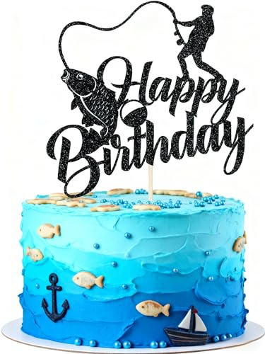 Fishing Cake Topper，Fisherman Birthday Party Decorations，Outdoor Fishing Themed Cake Decoration，Boys and Girls Birthday Party Decorations Black flash (3)