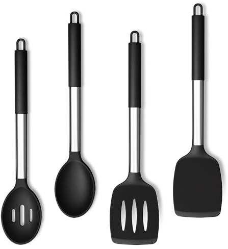 Herogo Kitchen Utensil Set of 4 with Stainless Steel Handle - Black | Silicone Utensil Set, Heat Resistant Silicone for Cooking/Frying/Draining, Dishwasher Safe