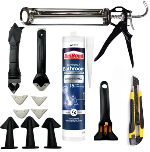 Sealant Application Bundle To Work With UniBond Anti-Mould Kitchen & Bathroom Sealant Includes Silicone Finishing Tool (3-in-1), Smoothing Kit & Precision Caulking Gun