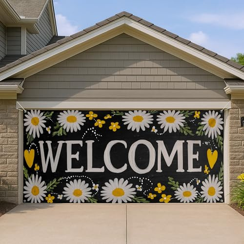 Willkommens-Blumen-Garagentorabdeckung, schwarze Vintage-Chrysanthemen-Blume, große Garagentor-Dekorationen, Frühlings-Innen- und Außenbereich, Party-Hintergrunddekoration, 395 x 180 cm