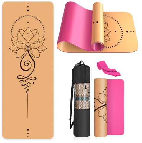 Haninj® Yogamatte-Kork, Rutschfest, Einzigartiges Design, Extradick Natürlicher Kork, TPE Fitness-Trainingsmatte mit Tragetasche und Gurt, für Zuhause, Pilates, Aerobic Fitnessstudio und Workout