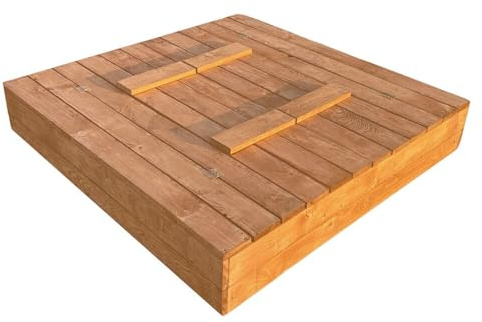 BirnePower Holzsandkasten 120x120 cm mit Deckel und Sitzbänken – Imprägniertes Holz – Wetterfester Sandkasten für Kinder – Robuste Sandkiste mit Klappdeckel für den Garten
