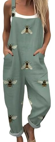 Angxiwan Dungarees for Women UK Plus Size Bee Floral Printed Wide Leg Bib Overalls With Pockets Summer Casual Adjustable Straps Loose Fit Sleeveless Jumpsuit Suspender for Holiday Everyday
