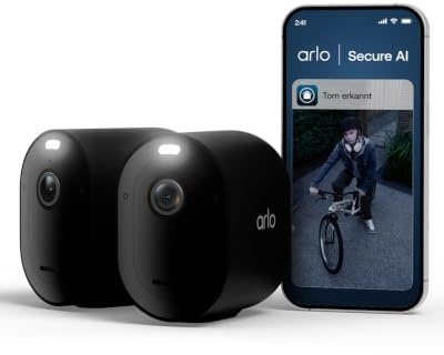 Arlo Pro 6 Überwachungskamera Aussen WLAN, Kabellos, 2K+HDR, Farb-Nachtsicht, 160° Blickwinkel, Zwei-Wege Audio, Spotlight, Bewegungserkennung, mit Arlo Secure Testzeitraum, 2er Set, schwarz