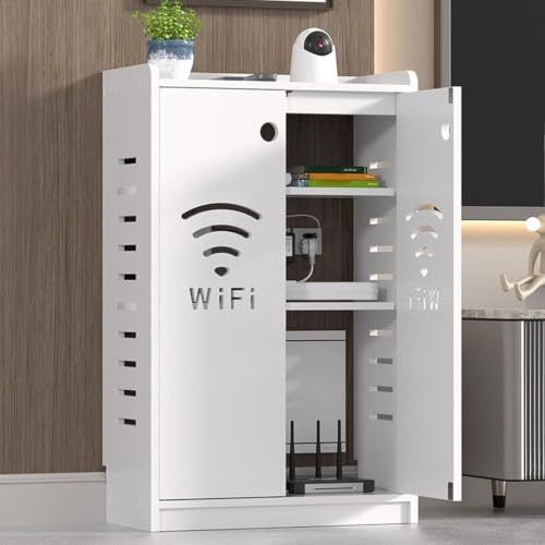 WiFi Router Storage Cabinet,Floor Standing Box Modem,Freestanding Cable Organizer With Vented Shelves, Power Strip Holder, Media Device Stand For Living Room, Bedroom Office(White,H31.5in/80cm)
