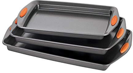 Rachael Ray Nonstick Bakeware Set with Grips, Nonstick Cookie Sheets / Baking Sheets - 3 Piece, Gray with Orange Grips
