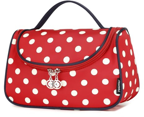 Yeiotsy Travel Cosmetic Bag – Polka Dots Makeup Travel Organizer, Hanging Toiletry Bag for Women (Classic Red)