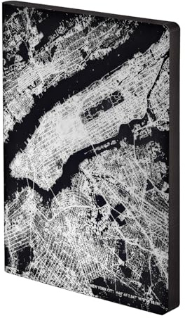 Nuuna Notizbuch A5+ Nightflight L Light - NYC Silber, Leder schwarz | Dotted Journal | 3.5 mm Punktraster Grau | 176 nummerierte Seiten | 120 g Premium-Papier | made in Germany