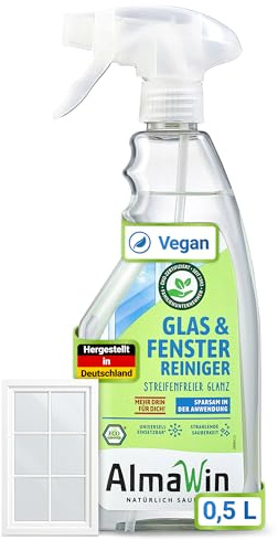 AlmaWin® Glas & Fenster Reiniger [500ml] für streifenfreien Glanz - Glasreiniger ideal für Fenster, Spiegel, Auto & Mehr - Glas & Fensterreiniger Spray, Glass Cleaner - 100% Natürlich & VEGAN