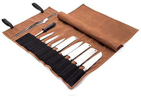 QEES Bolsa para Cuchillos de Chef, Lona Encerada de 16 onzas, Bolsa Impermeable con Cierre, 15 Ranuras para Utensilios de Cocina, Bolsa de Almacenamiento, Regalo para papá y Marido, Caqui, 74*47cm