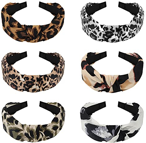 Belle Vous Haarband Leopardenmuster -Breites Oberteil - Kreuz Knoten Haarband Damen -Turban Stirnbänder (6er Pack) Geknotetes Elastisches Bohemian Haarbänder 6 Designs