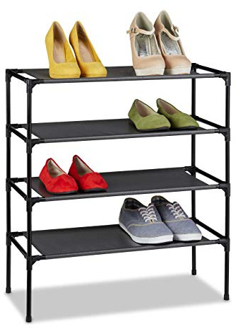 Relaxdays Stoff Schuhregal Stecksystem, 4 Ebenen, schwarz | für 12 Paar Schuhe, Schuhständer hoch, HxBxT 68 x 62 x 28 cm