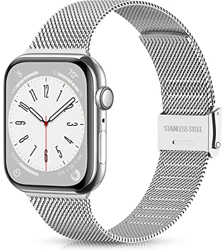 Ouwegaga Kompatibel mit Apple Watch Armband 38mm 40mm 41mm 42mm 44mm 45mm, Ersatz Edelstahl Metall Armband Kompatibel mit iWatch Armband Series 9 8 7 6 5 4 3 2 1 SE Ultra 2,38mm/40mm/41mm Silber
