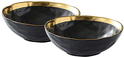 KKGUD Vintage Keramik Müslischalen für Suppe, Müsli, Reis, Salat, Nudeln, elegantes Design mit Goldrand, Schwarz, 2 Stück (19,8 cm)