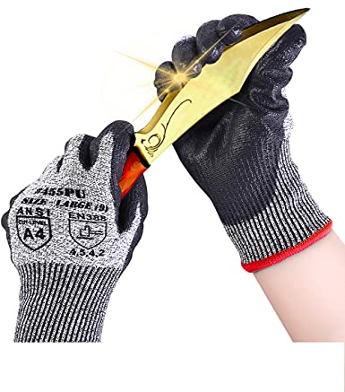 Donfri Cut Resistant Gloves High Performance Level 5 Protection Safety Work Gloves for Men Comfortable PU Coated Palm Cut Proof Gloves Gardening Food Grade Non-slip Machine Washable (L, 1)