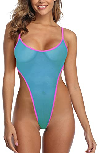 SHERRYLO genomskinlig baddräkt högt skuren mikromonokini bikini mini nät transparent baddräkt, 1893-blå rosa, L