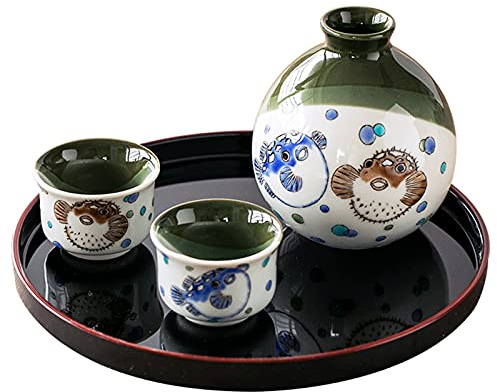 Ensemble Service 4 pièces Coupe à Saké Japonais Traditionnel Peint à La Main en Porcelaine Motif Poisson-Globe 2 Tasses 1 Carafe à Saké 1 Plateau