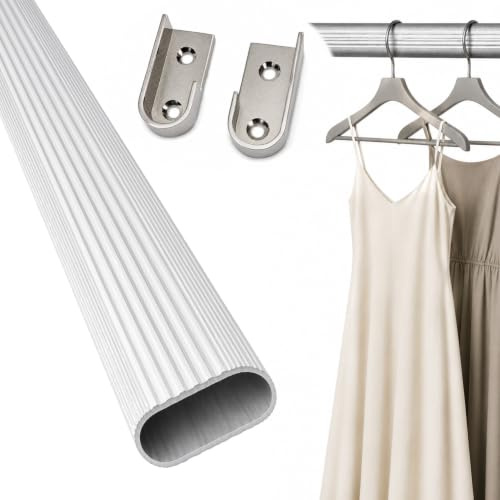Kleiderstange für Schrank Oval 100 cm [SCHRANK- & WANDMONTAGE] Set inkl. Halter – Schrankrohr aus Aluminium als Schrankstange & Garderobenstange für Kleiderschränke – Silber