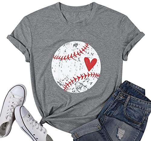 Baseball Shirt Women Baseball Heart Tee Shirts Baseball Mom Tshirt Game Day Casual Crew Neck Short Sleeve Tops Grey