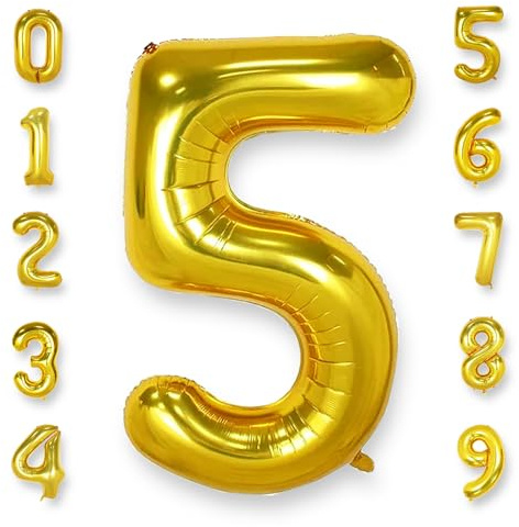AULE Luftballon Zahl 5 Gold 40 Zoll Folienballon Helium 0-60 Helium | XXL 101 cm Gold Luftballon Zahlen Groß Zahlenballon für Geburtstag Abschluss Jubiläum Dekoration