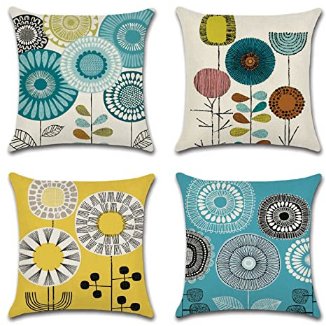 OCEUMACO Housse de Coussin 50x50 Fleurs Décoratif Housses Coussins pour Canapé Salon Lit Extérieur Lot de 4 Jaune Moutarde Géométrique Imprimé Taie d'oreiller en Lin Scandinave - Bleu Turquoise