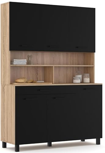 IDMarket - Küchenanrichte, 120 cm, CINA, 6 Türen + Schublade, Buche-Optik und Schwarz