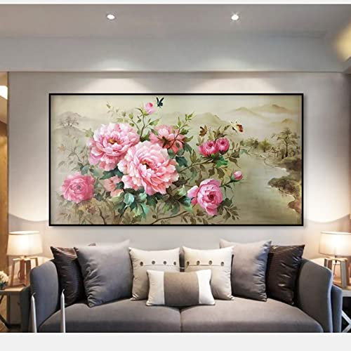 RGVV Ölbilder Auf Leinwand Handgemalt,Orientalisches Handgemaltes Ölgemälde Auf Leinwand Pfingstrosenblume Originalwandmalerei Moderne Große Wandkunst Rahmenlose Strukturierte Kunstwerke Für Wohnzim