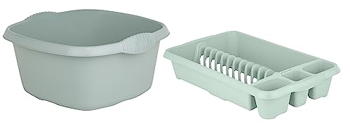 Set of Plastic 39cm Washing Up Bowl Kitchen Organiser with Medium Dish Drainer - High Grade Plastic Kitchen Counter Top Sink and Basin Use Great for Home and Restaurants (Silver Sage)