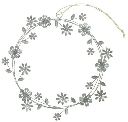 Hänger Blütenkranz, Metall, grau, weiß gekalkt, Sisal Maße: ca. Ø 24 cm