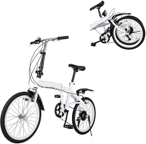 Banborba 20 Inch Folding Bike, 6 Gear Carbon Steel Foldable Road Bike, Adult Height Adjustable White Bike with Mudguards, Ideal for Rugged and Mountain Roads