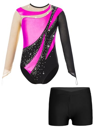 Runhomal - Bañador para niño, diseño de leotardo de gimnasia para niña, manga larga con pantalones cortos metálicos brillantes para patinaje artístico, leotard danza ballet bodysuit 5-14 años, rosa,
