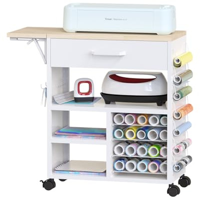 RJOKMT Rollwagen mit Heißpresswagen und Organizern, kompatibel mit Cricut-Maschinen, perfekte Bastelorganisation, Arbeitsplatz (weiß, 75 cm H), GYC-01