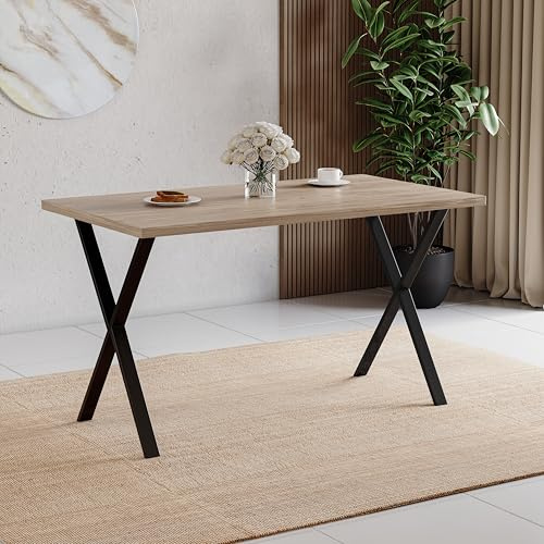 Vida Designs 4 Seater Dining Table With X Shaped Black Metal Legs, Industrial Style Rectangle Kitchen/Dining Room Furniture (Oak)