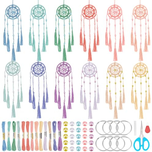 INFUNIY 12 Set Mini-Traumfänger-Set, DIY-Traumfänger-Bastelset, Handwellen-Traumfänger-Set, Bonbonfarbenes Traumfänger-Schlüsselanhänger-Set Mit Anleitung Für Jugendzimmer, Wandbehang, Auto
